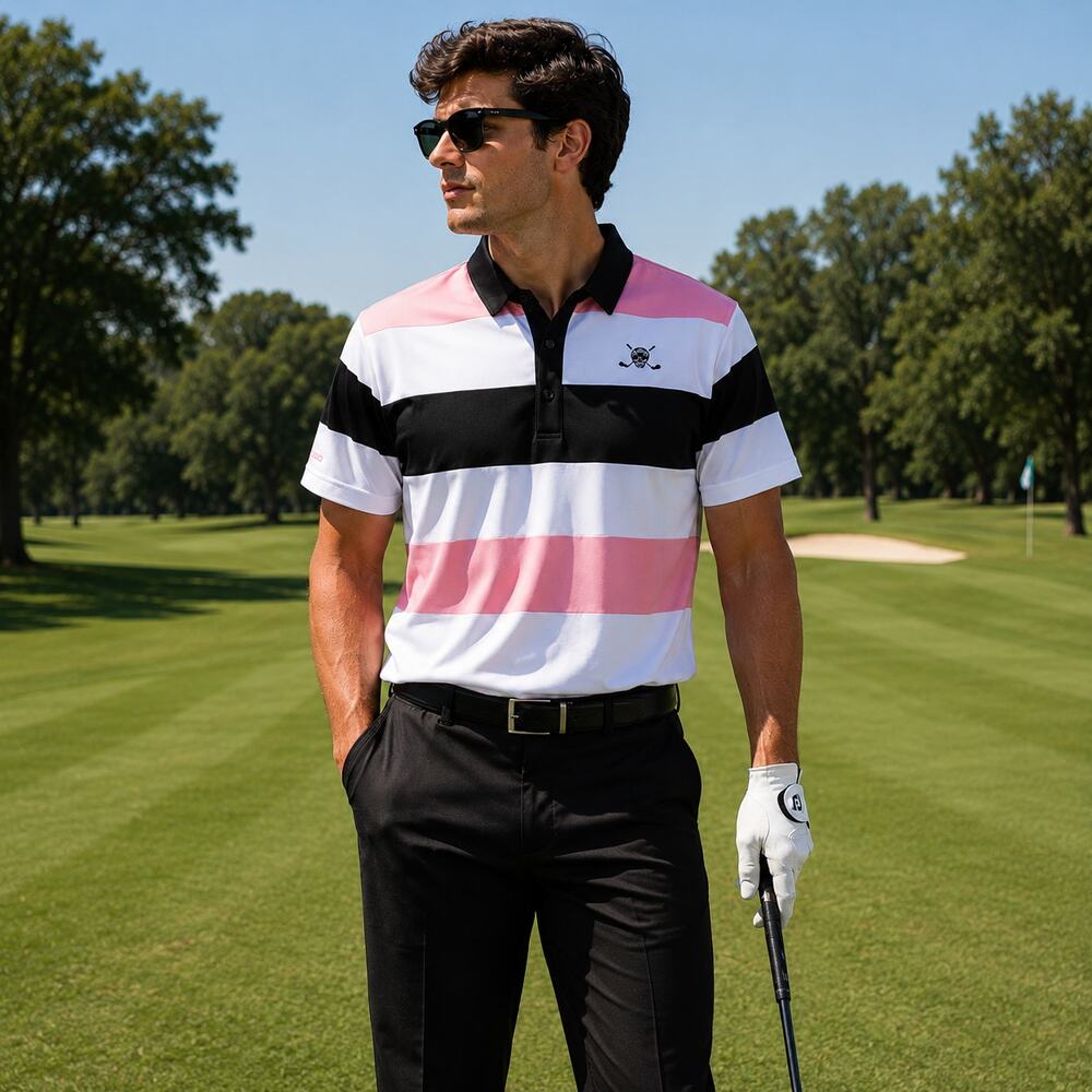 NWT Chuco Golf Polo Shirt Mens XL Pink Black White Striped Performance Golf Polo